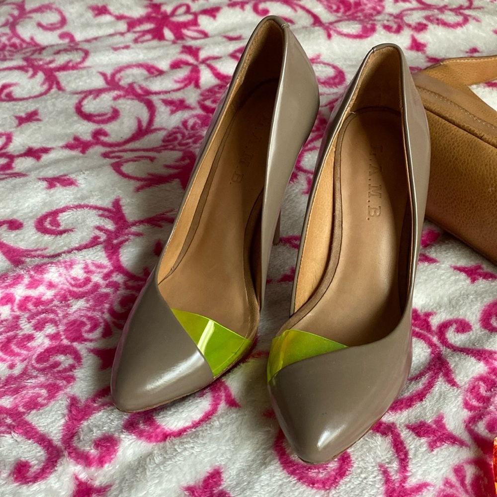 L.A.M.B Dark Tan Heels with Neon Toe